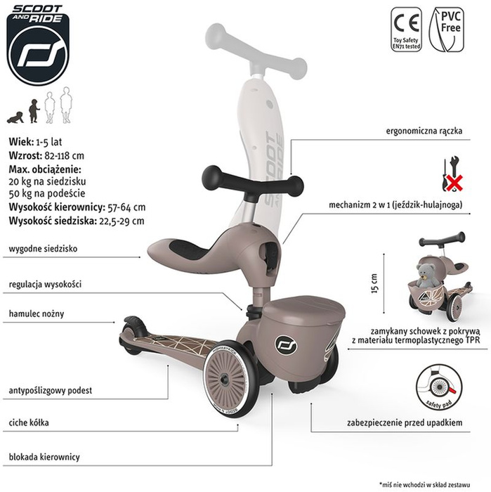 Zestaw SCOOTANDRIDE Kask + Highwaykick1 2w1 jeździk i hulajnoga z zamykanym schowkiem Brown Lines