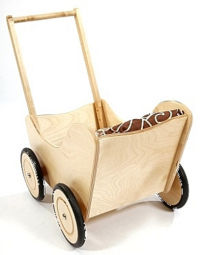 Brązowy wózek z drewna dla lalki - zabawki dla dziewczynek