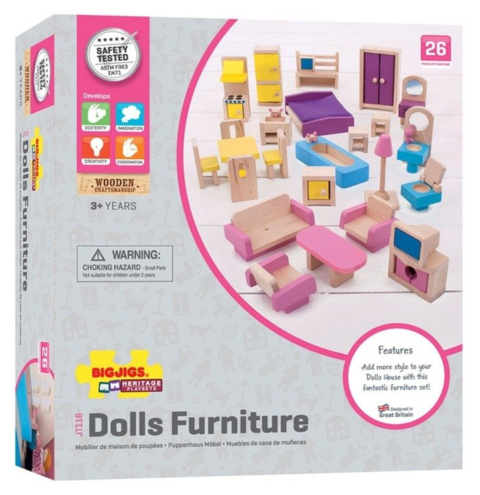 Drewniane mebelki dla lalek Uni set JT116-Bigjigs Toys, zabawki dla dziewczynki