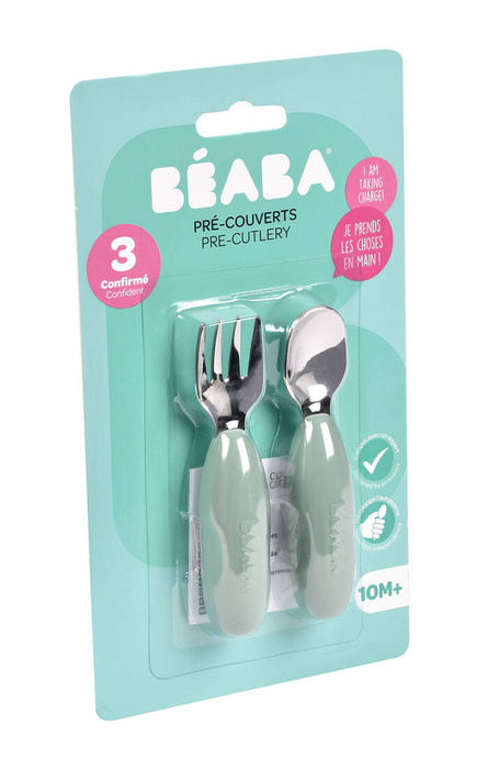Zestaw pierwszych sztućców ze stali nierdzewnej Sage green Beaba 913580
