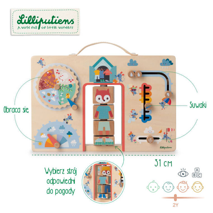 Drewniana tablica manipulacyjna walizka Ubranie na każdą pogodę Lisiczka Alice Lilliputiens 83556