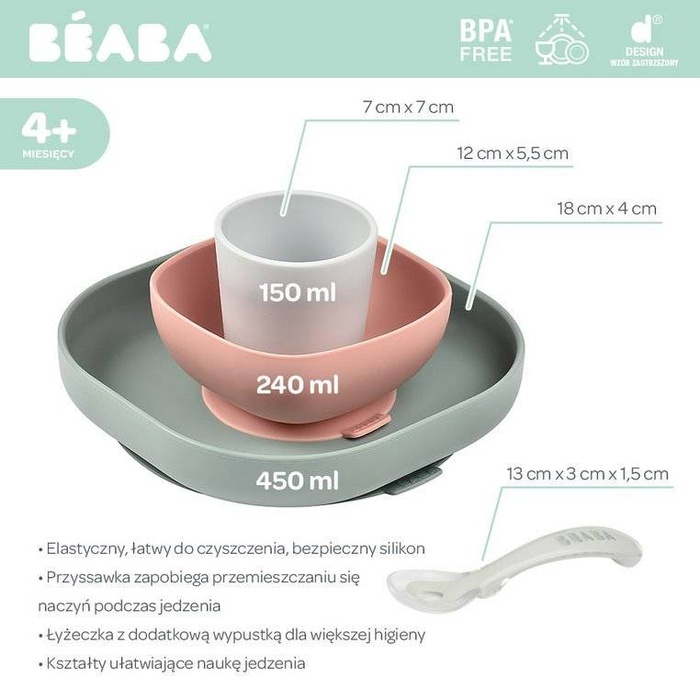 Silikonowe naczynia dla dzieci Zestaw z przyssawką eucalyptus Beaba 913507