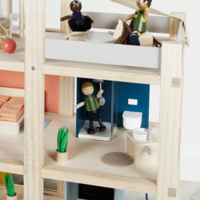 Duży drewniany domek dla lalek w stylu skandynawskim z 3 piętrami i tarasem z mebelkami Natura Small Foot 12541 Domki dla lalek