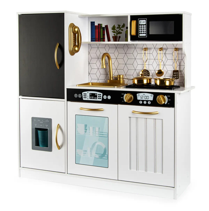 Kuchnia drewniana dla dzieci z kostkarką do lodu tablicą kredową telefonem z dźwiękiem i światłem