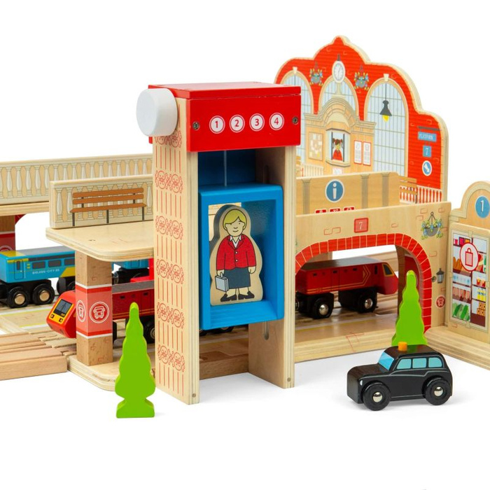 Drewniany dworzec Grand Central z platformą windą i podwójnym peronem dodatek do kolejki dla dzieci Bigjigs BJT613