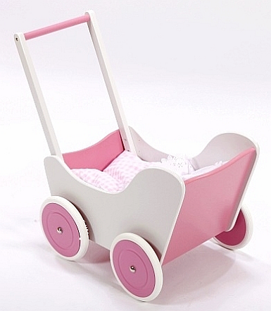 Biało-różowy wózek z drewna dla lalki - zabawki dla dziewczynek