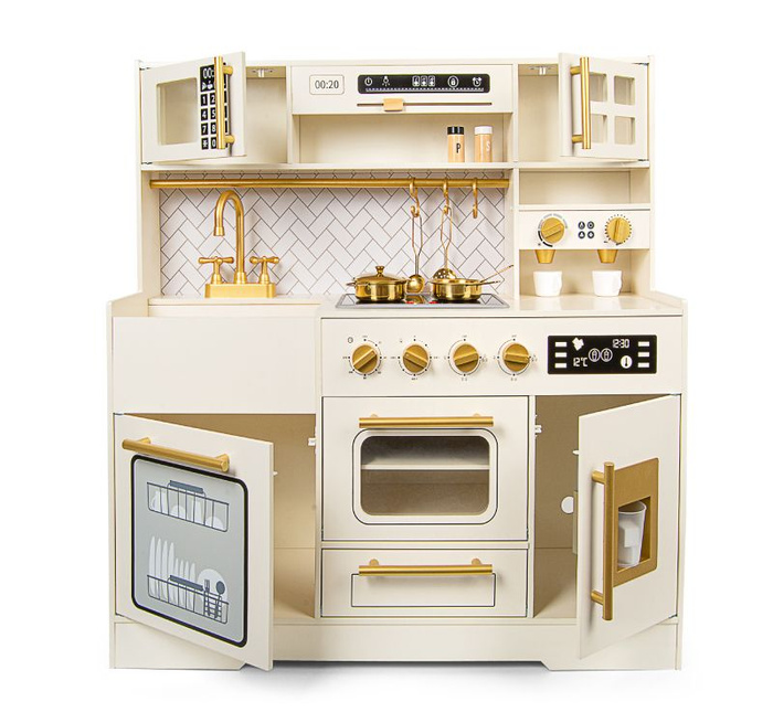 Drewniana kuchnia dla dzieci z płytą indukcyjną światłem i dźwiękiem oraz złotymi akcesoriami