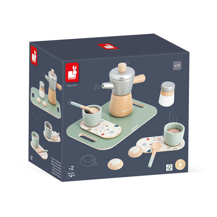 Drewniana kawiarka z akcesoriami Kawa po włosku Janod J06630 zestaw serwis kawowy