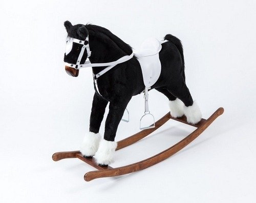 Czarny koń dla dzieci z jasnym siodłem, koń na biegunach