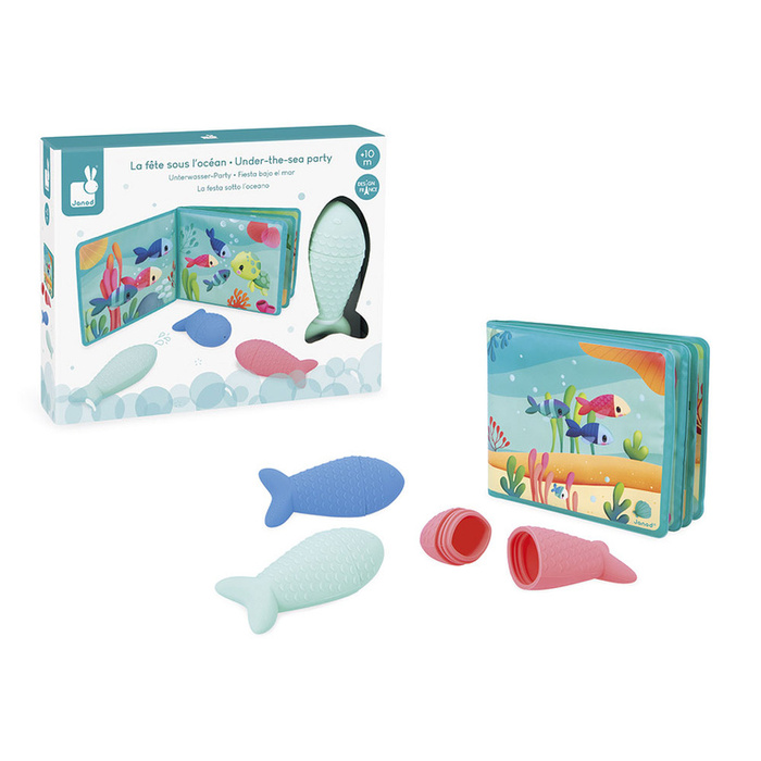 Miękka książeczka do kąpieli z 3 psikawkami Przyjęcie nad wodą J04733 Janod