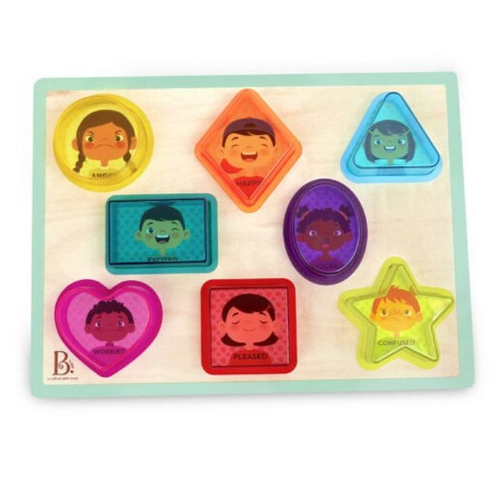 Drewniana układanka kształty i emocje kolorowy filtr Peek & Explore – Shapes & Emotions B.Toys BX2216Z