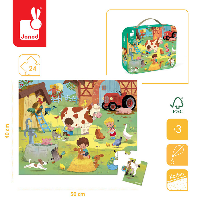 Puzzle w walizce Dzień na farmie 24 elementy Janod J02535