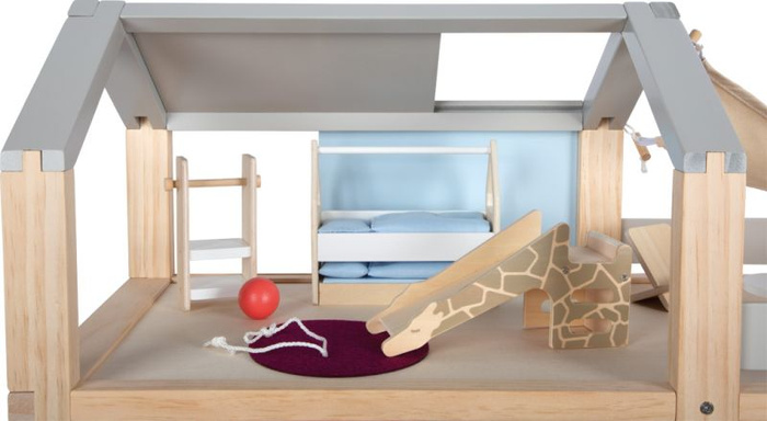 Duży drewniany domek dla lalek w stylu skandynawskim z 3 piętrami i tarasem z mebelkami Natura Small Foot 12541 Domki dla lalek