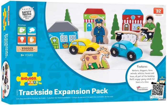 Zestaw akcesoriów do kolejki dla dzieci Bigjigs Rail BJT054 budynki figurki drewniane