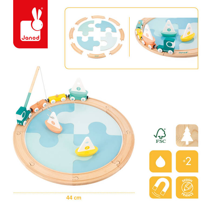 Kolejka dla dzieci pociąg drewniany z torami łódkami i makietą jeziora Bolid Janod J04629