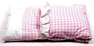 Biało-różowa pościel do wózka z drewna dla lalki