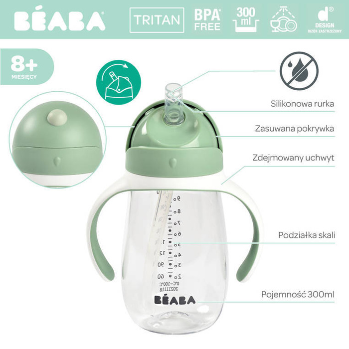 Kubek niekapek Butelka tritanowa ze słomką 300 ml Sage green Beaba 913533