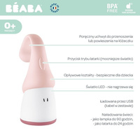 Lampka nocna LED przenośna z latarką Pixie 90h świecenia Pink Beaba 930299