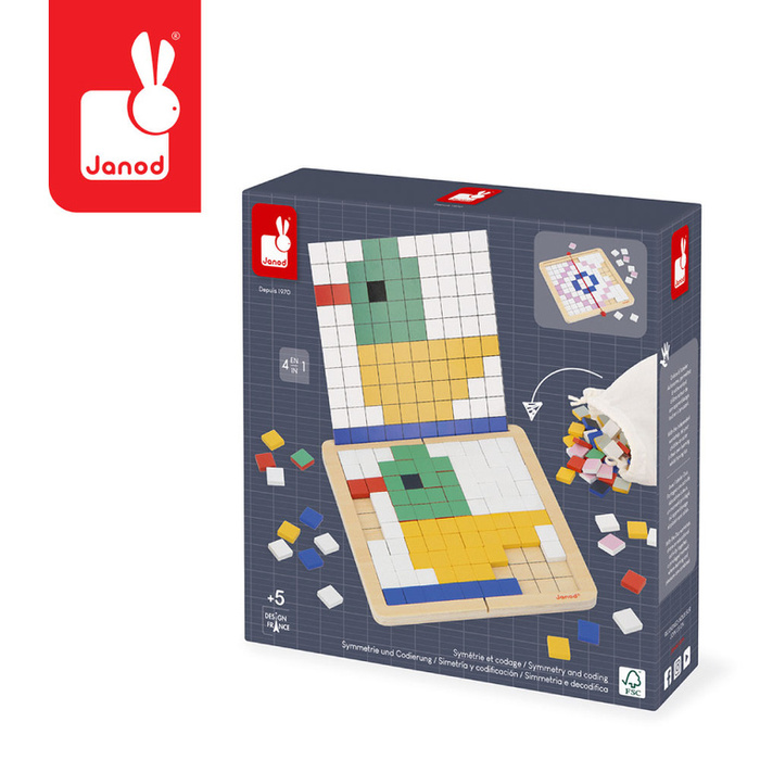 Drewniana układanka mozaika piksele symetria i kodowanie 4w1 Janod J05093