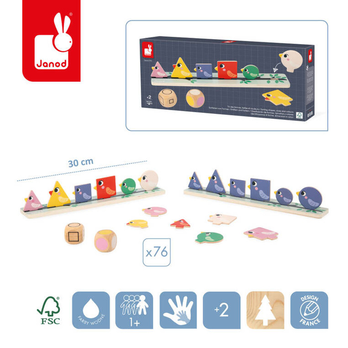 Układanka drewniana sortowanie kolorów i kształtów Ptaki J05089 Janod