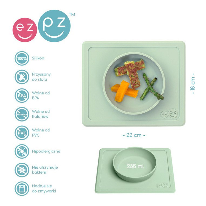 EZPZ Silikonowa miseczka z podkładką 2w1 Mini Bowl pastelowa zieleń EUMBS001- EZPZ, naczynia dla dzieci