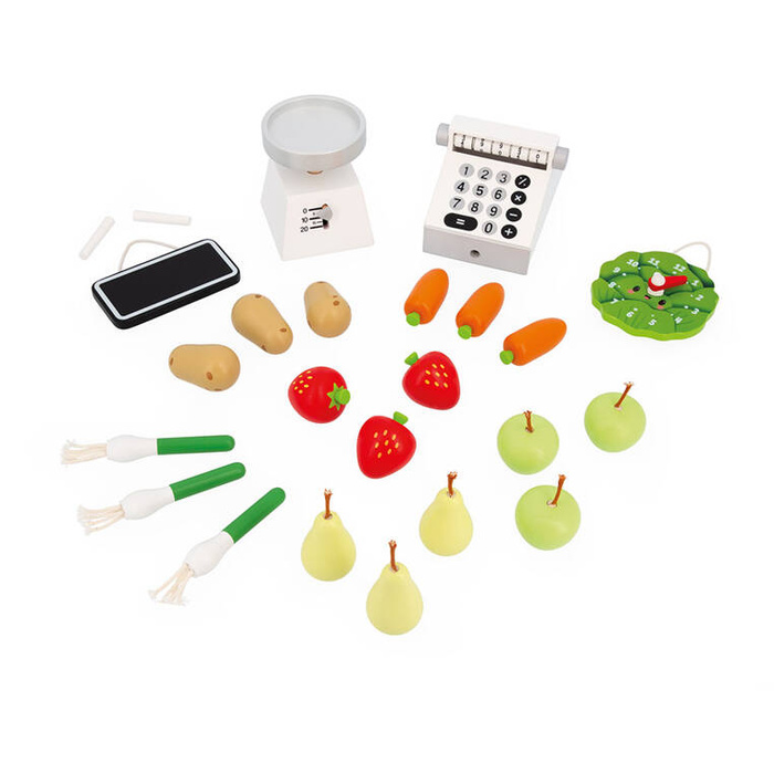 Duży sklep warzywniak z drewna i komplet akcesoriów 50 el. Farma J03322 Janod