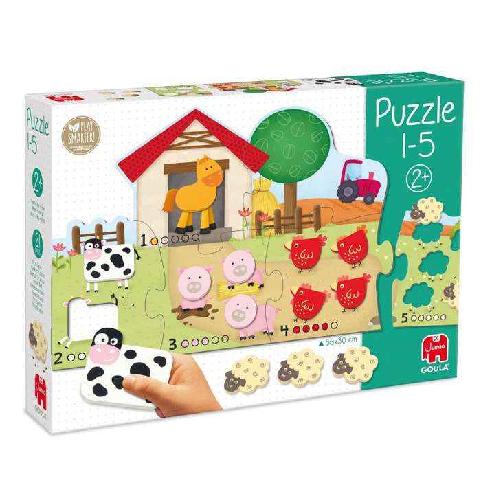 Duże drewniane puzzle dla dzieci Farma i cyferki 1-5 Goula 53438 Nauka przez zabawę