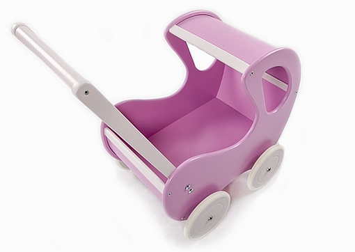 Liliowy, głęboki wózek z drewna dla lalki - zabawki dla dziewczynek