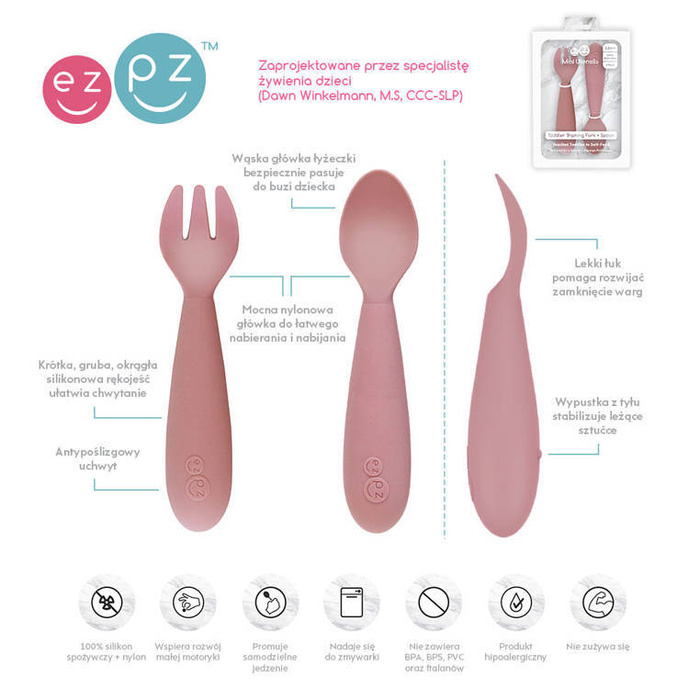 Komplet silikonowych sztućców Mini Utensils pastelowy róż EUMUB005-EZPZ, sztućce dla dzieci