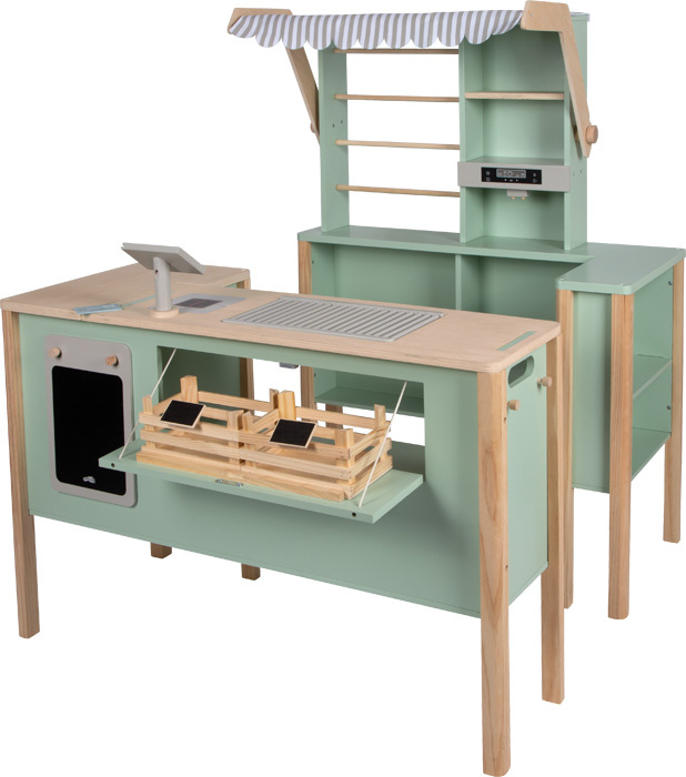 Drewniany sklep dla dzieci i kuchnia 2w1 szałwia zielona Small Foot 12688 odgrywanie ról