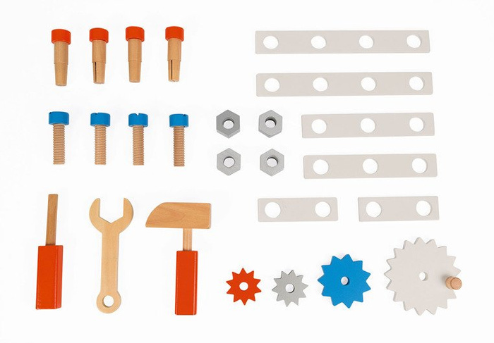 Szary jeździk, pchacz, warsztat z narzędziami dla dzieci i tablica na magnesy BRICO 'KIDS, JND06478-Janod, zabawki dla chłopców