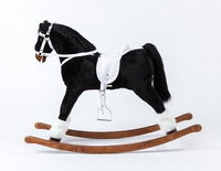 Czarny koń dla dzieci z jasnym siodłem, koń na biegunach