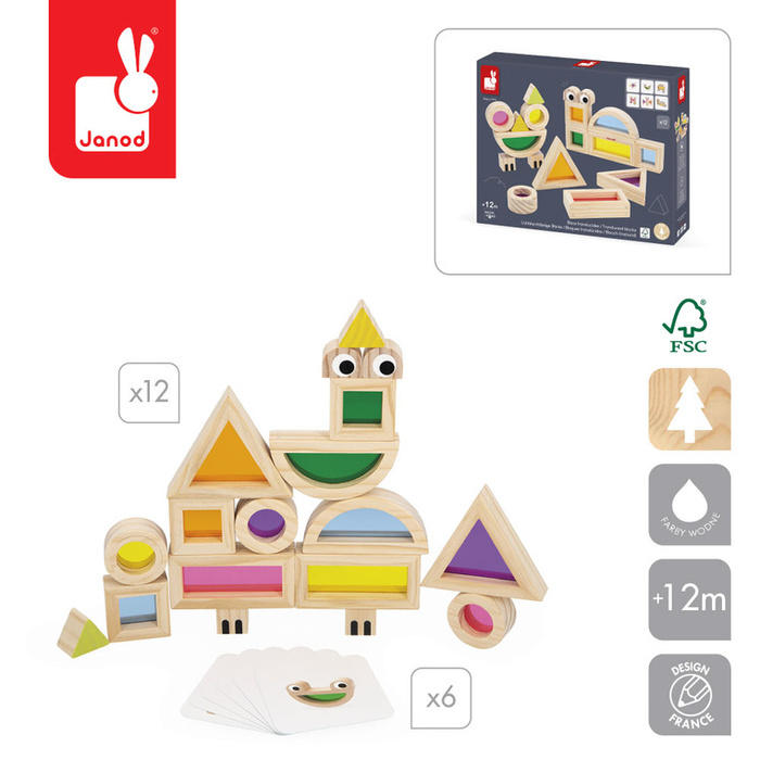 Klocki drewniane przeźroczyste kolorowe sensoryczne Janod J05306