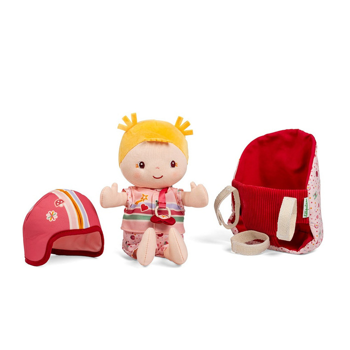 Lalka Dzidziuś Lena w foteliku rowerowym Lilliputiens 83633 z kamizelką i kaskiem na wycieczki i do przytulania
