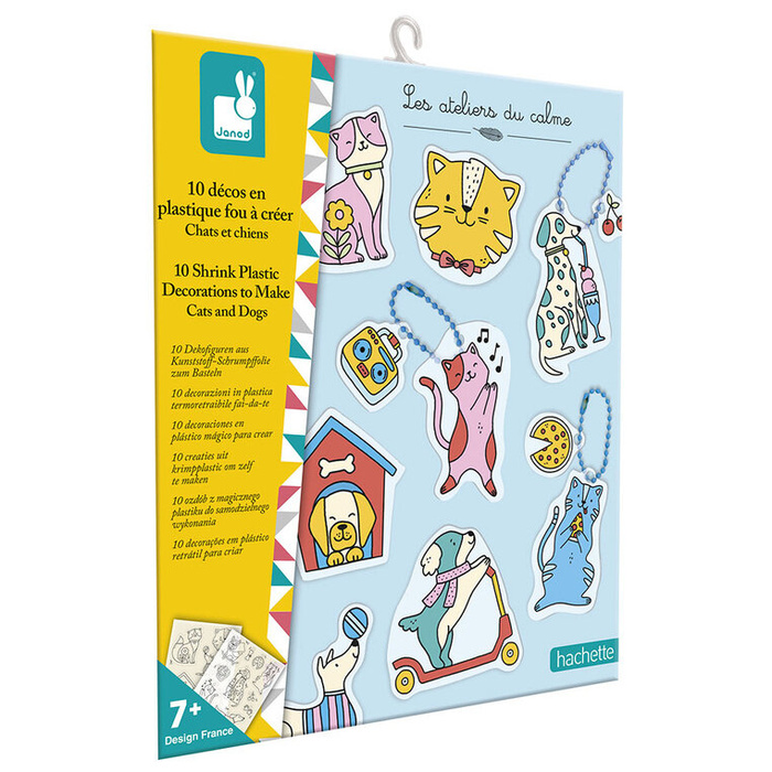Zestaw kreatywny do tworzenia 10 ozdób z termokurczliwego plastiku Koty i psy Janod J09163
