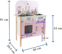 Drewniana kuchnia dla dzieci z naczyniami i zegarem niebieski kolor światło dźwięk