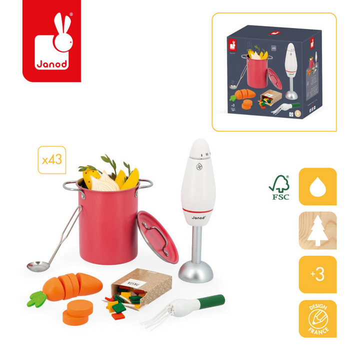 Zestaw do gotowania zupy z drewnianym blenderem i akcesoriami Janod J06634