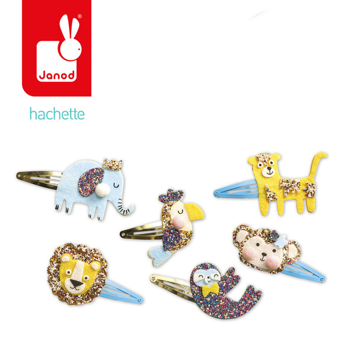 Zestaw kreatywny do tworzenia biżuterii Brokatowe spinki do włosów Egzotyczne zwierzęta Janod J09178