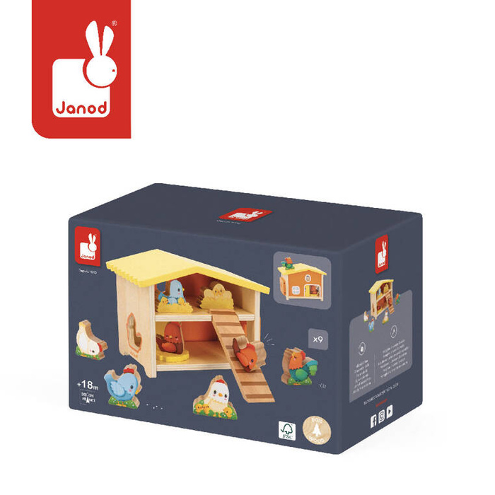 Drewniany domek z sorterem Farma Mój pierwszy kurnik J03311 Janod