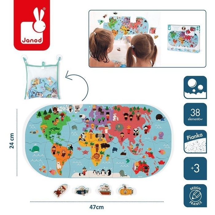 Puzzle do kąpieli Mapa świata 28 elementów 3+, Janod J04719