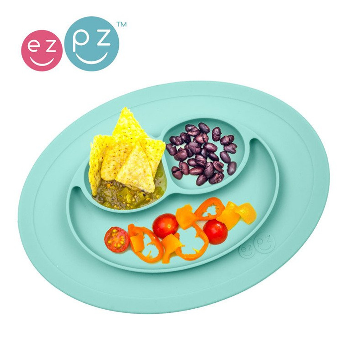 EZPZ Silikonowy talerzyk z podkładką mały 2w1 Mini Mat pastelowy niebieski EUMMA001- EZPZ, naczynia dla dzieci