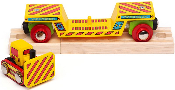 Drewniany wagon do kolejki dla dzieci z buldożerem Bigjigs Rail BJT415