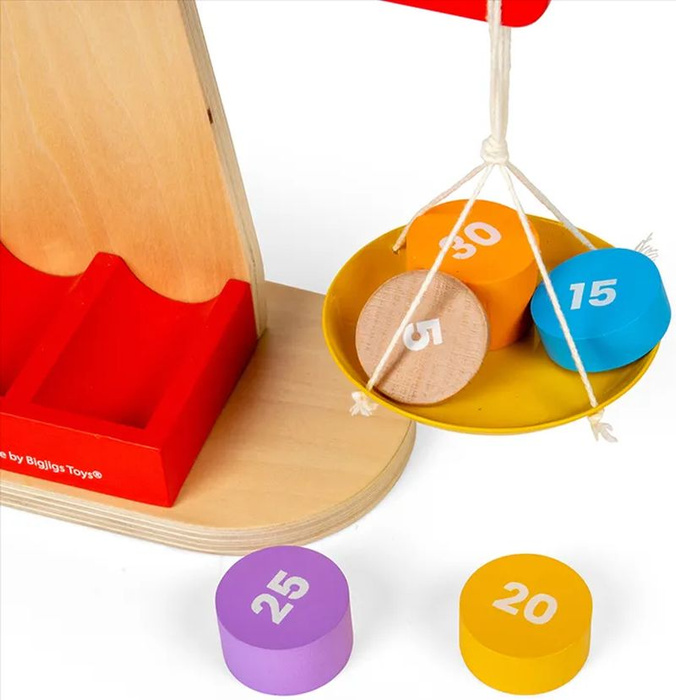 Drewniana waga szalkowa z odważnikami Bigjigs 36033 zabawa w sklep i kuchnię