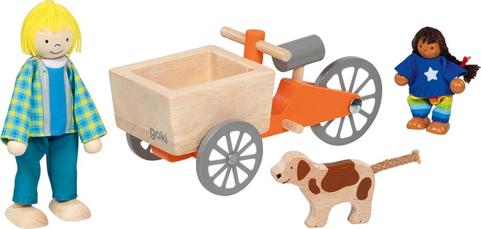 Rower towarowy z giętkimi lalkami i psem Goki 51462 drewniana Zabawka do domku dla lalek