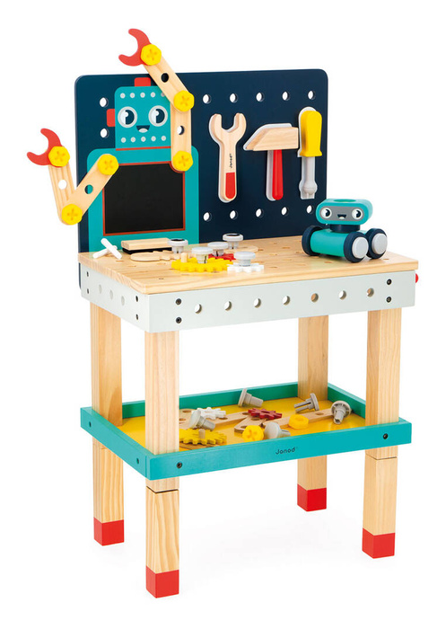 Duży stolik z narzędziami 60 el warsztat drewniany magnetyczny Robot Brico Kids Janod J06457
