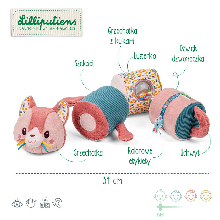 Wałek dźwiękowy 4-elementowy Kotka Jeanne Lilliputiens 83630 zabawki sensoryczne dla niemowląt i dzieci