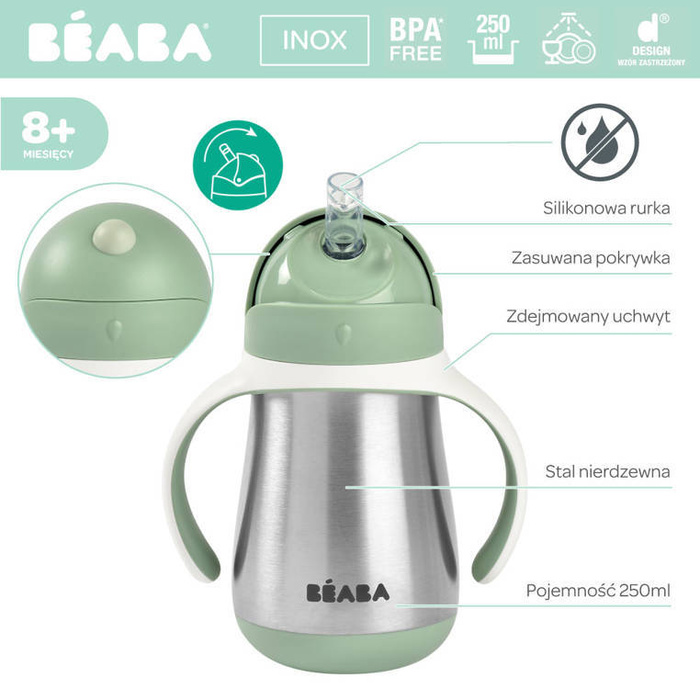 Bidon niekapek ze słomką termobutelka ze słomką 250 ml Sage green Beaba 913535