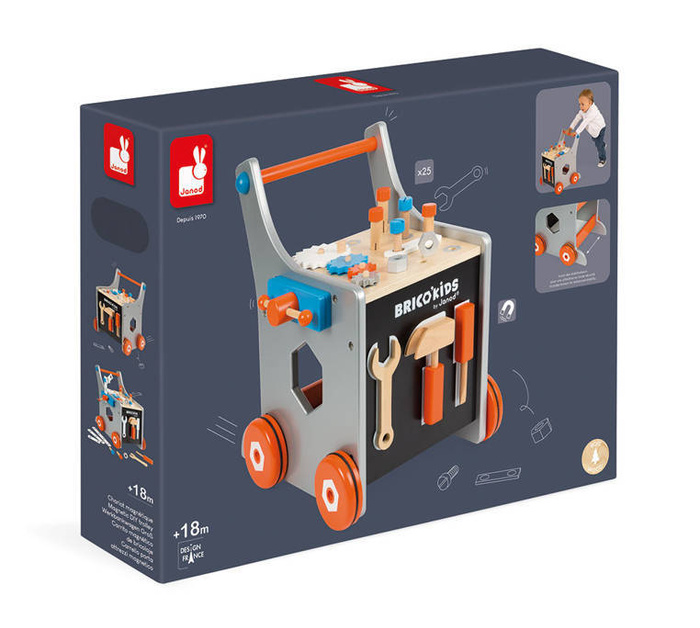 Szary jeździk, pchacz, warsztat z narzędziami dla dzieci i tablica na magnesy BRICO 'KIDS, JND06478-Janod, zabawki dla chłopców
