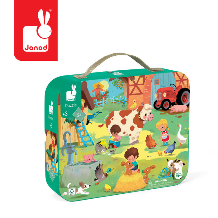 Puzzle w walizce Dzień na farmie 24 elementy Janod J02603