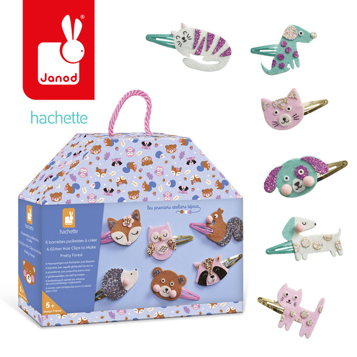 Zestaw kreatywny do tworzenia biżuterii brokatowe spinki do włosów Leśne zwierzątka Janod J09180